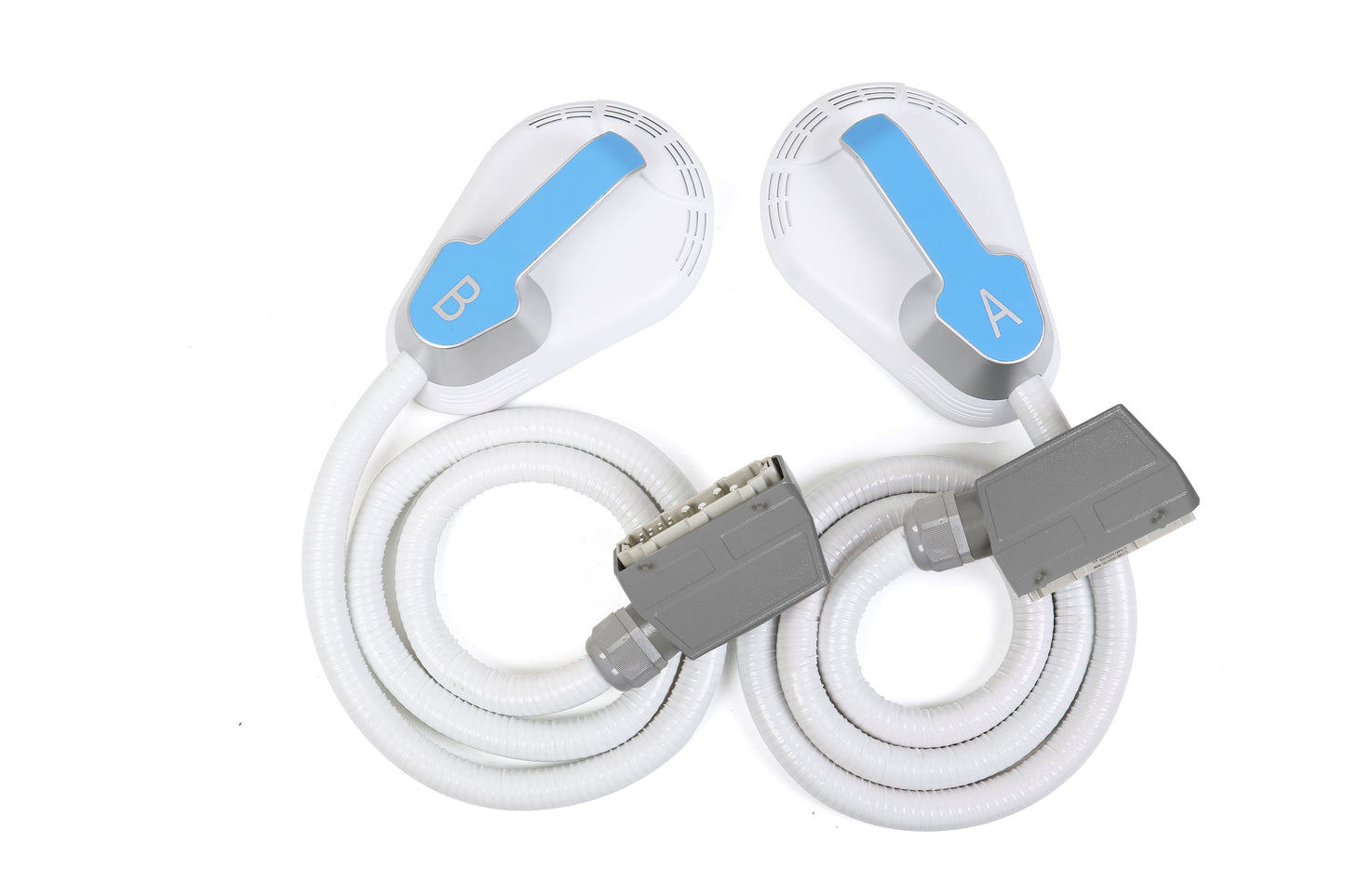 Shows the back of the device, highlighting connectivity ports, plug types, and safety features.