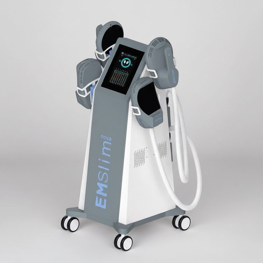 In-use demonstration of Riorna EMSlim Nova 4 Handles Two to Four Control + RF on abdomen, arms, and glutes