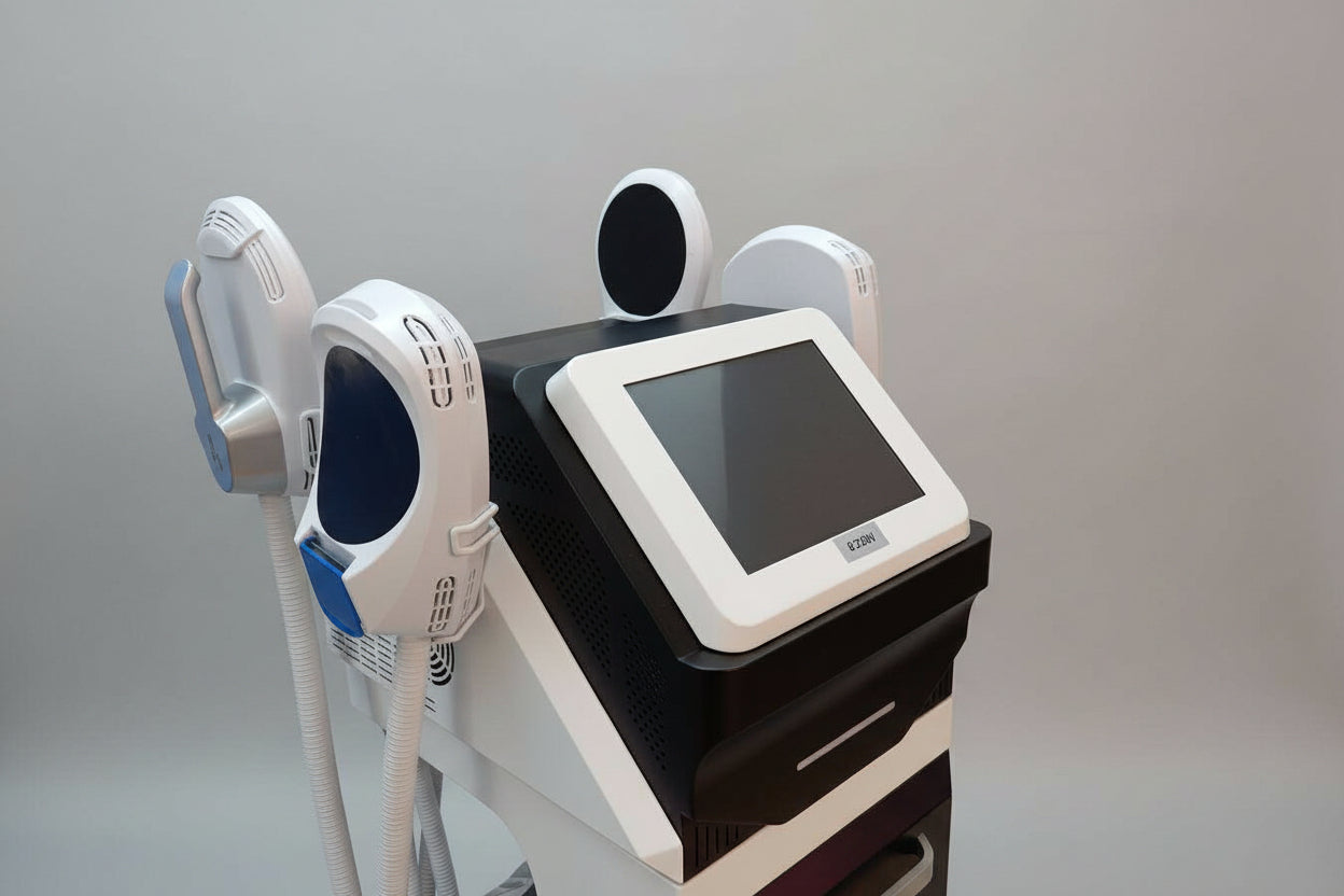 Riorna EMSlim in use with 4 handles and RF energy