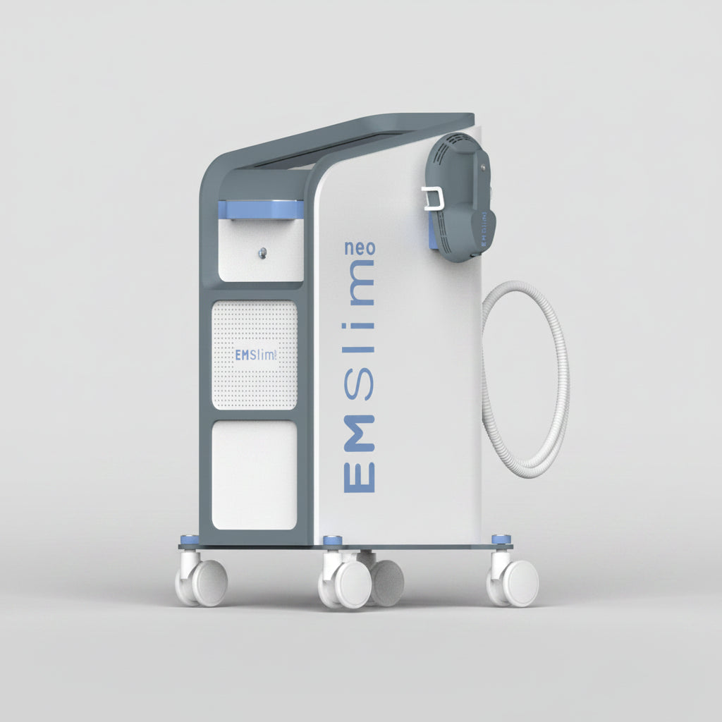 Vertical dual-handle EMS RF body sculpting device by Riorna for professional muscle stimulation and skin tightening