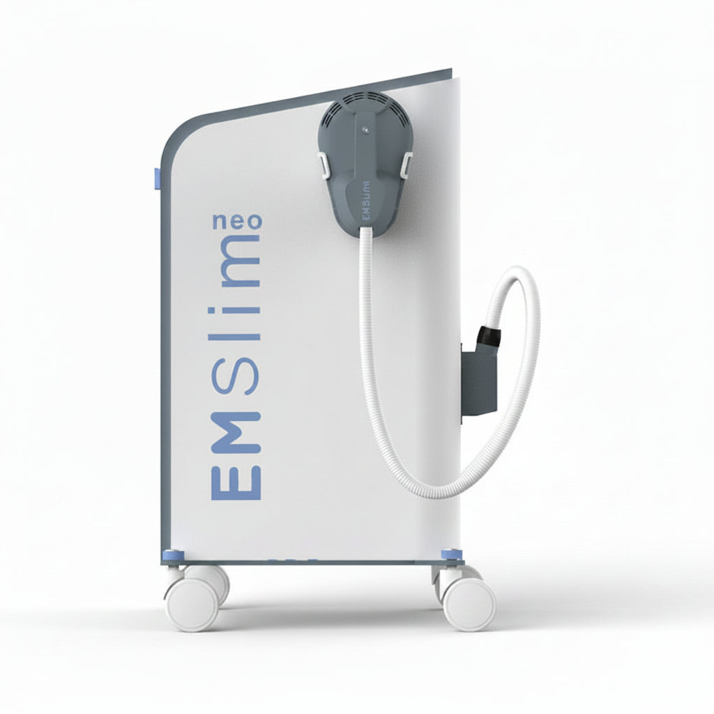 EMS RF body sculpting results illustration showing muscle toning and skin tightening with Riorna EMSlim NEO device